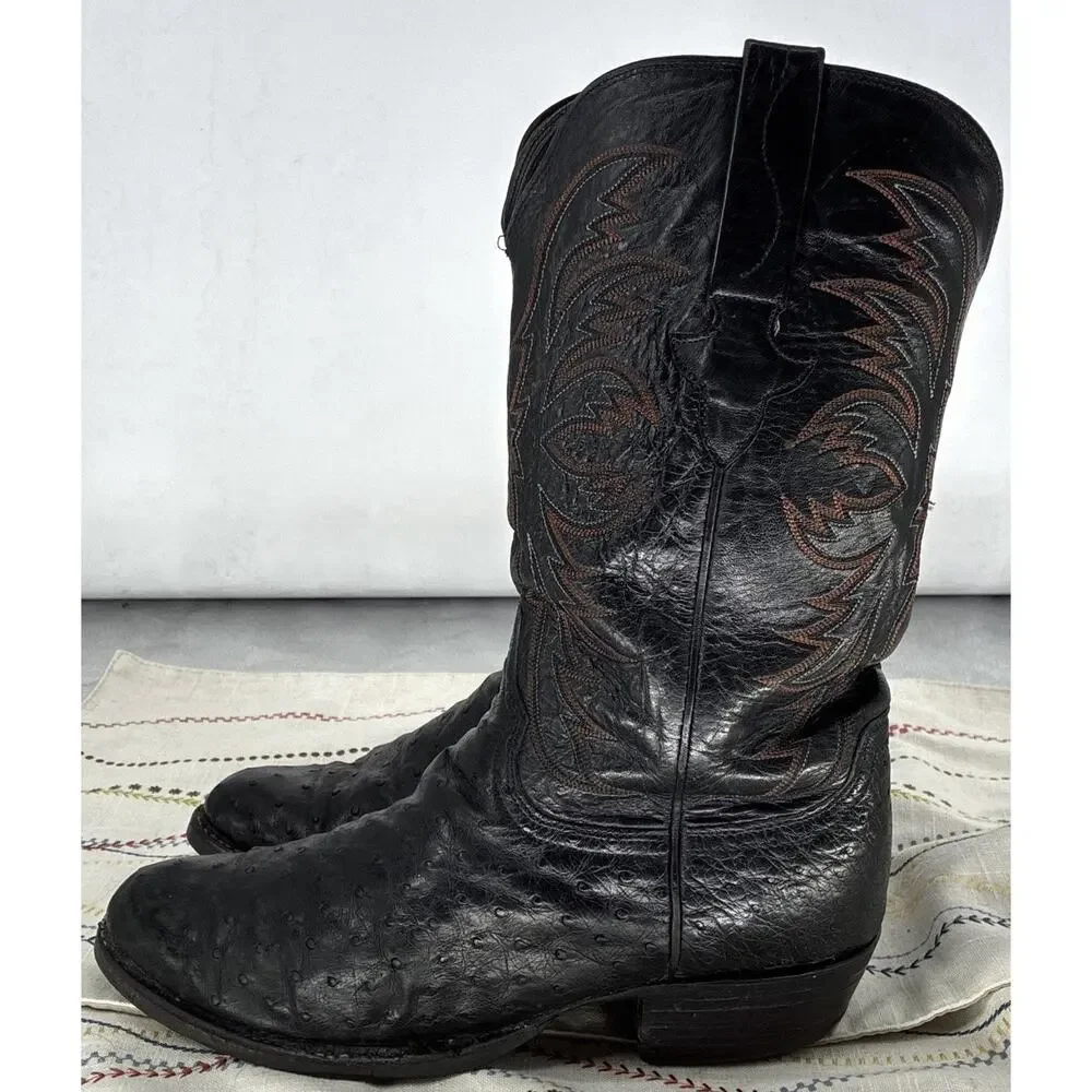 Vintage Lucchese Black Leather Ostrich Skin Western Cowboy Boots Sz 8.5 E